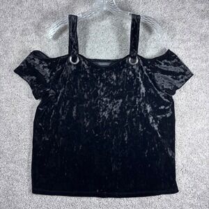 Rock & Republic Black Velvet Cold Shoulder Top‎ Silver Ring Detail XL